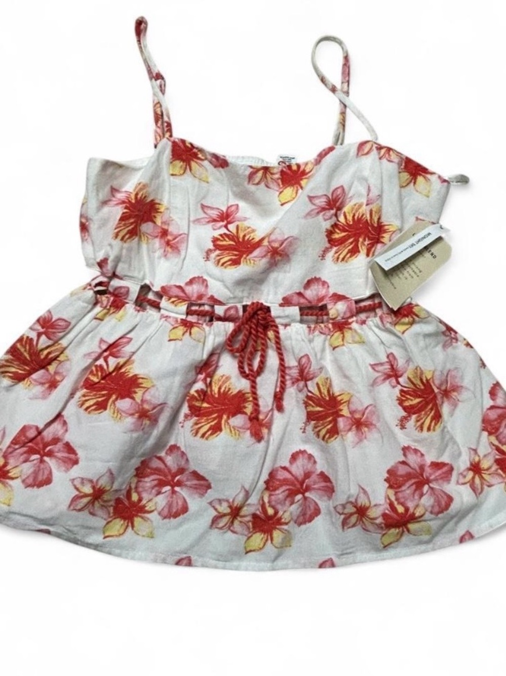 Floral Spaghetti-Strap Crop Top in White with Pink & Coral Flowers